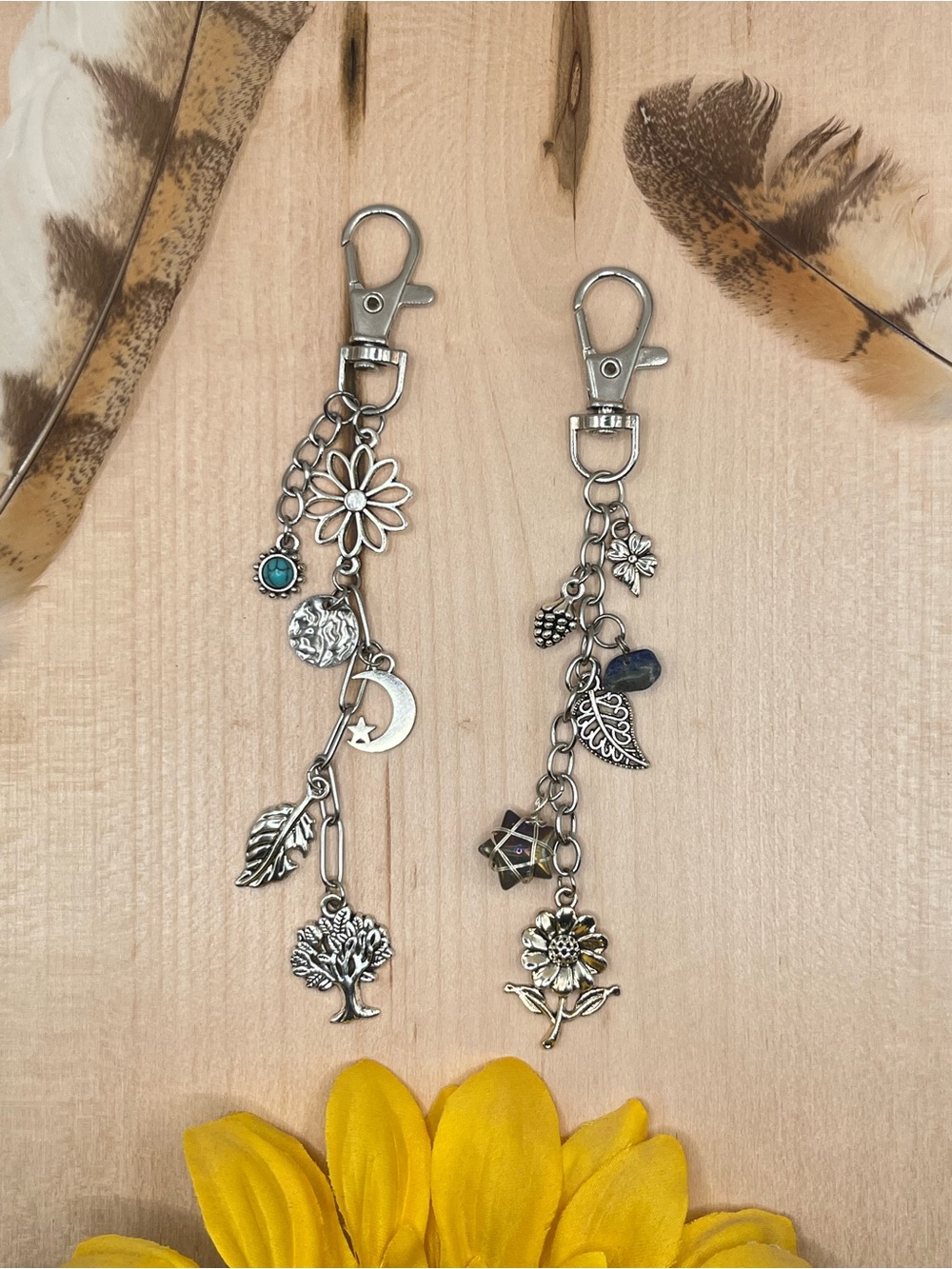 Handmade Set of 2 Boho Free People Inspired Silver Bag Charms Daisy Tree of Life